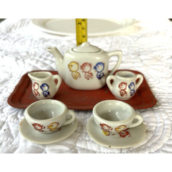 VNTG 9 Piece Children’s Tea Set-1950s-W/Metal Tray-Duck-Made Japan-Hand Painted - Picture 9 of 11